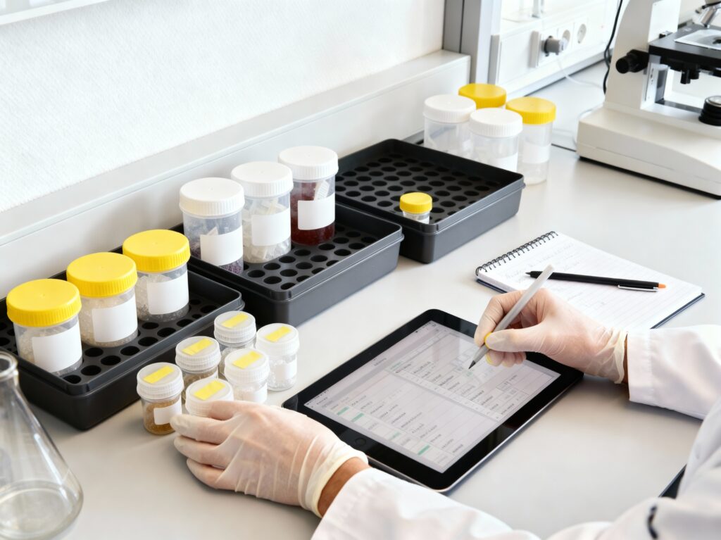 Beschriftete Probenbehälter im Labor von HUG Schadstoffdiagnostik