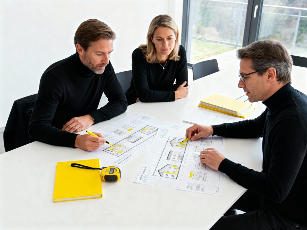 Beratungsgespräch zwischen Schadstoffexperten und Bauherren in der Schweiz